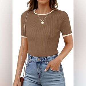 Chic Ribbed Tan Short Sleeve Top